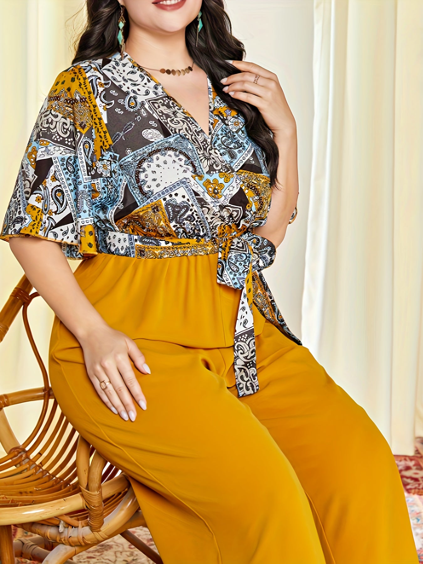 Boho Jumpsuit Colorblock Scarf Print Flutter Sleeve Surplice Neck Belt