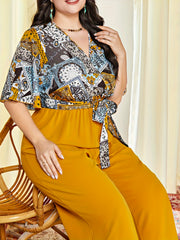 Boho Jumpsuit Colorblock Scarf Print Flutter Sleeve Surplice Neck Belt