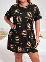 Plus Size Nightdress Cartoon Print Short Sleeve Round Neck Casual Sleep Dress