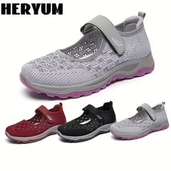 Women's Breathable Knit Sneakers Comfortable Closed Toe Hook & Loop Strap Shoes