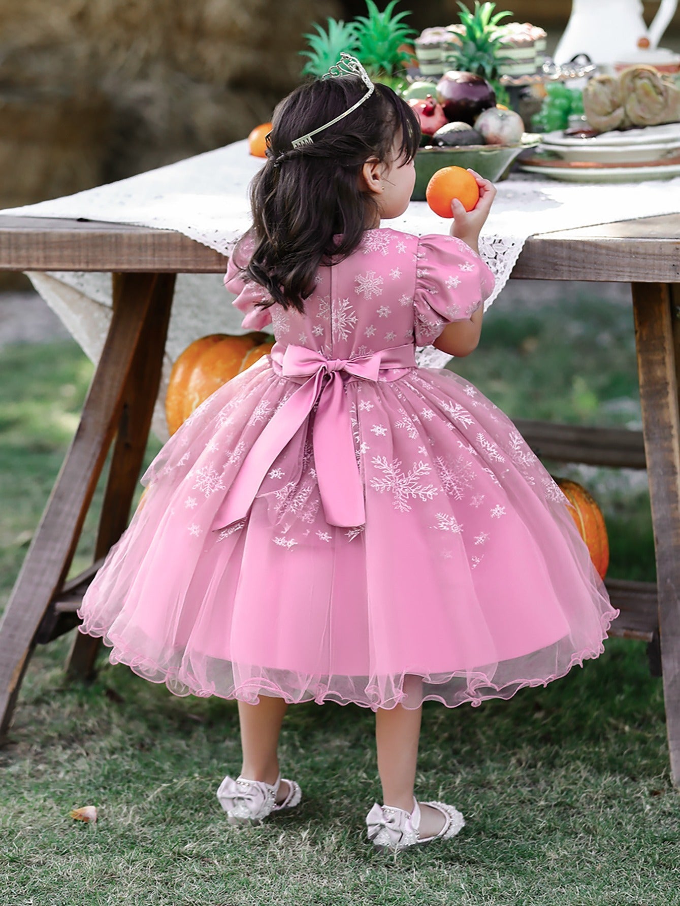 Snow & Pearl Puff Sleeve Birthday Dress