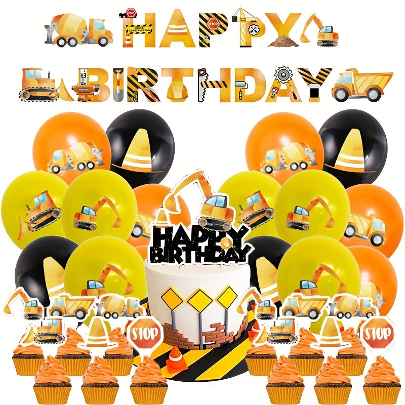 Excavator Birthday Party Supplies Kit - Birthday Banner, Truck Latex Balloons