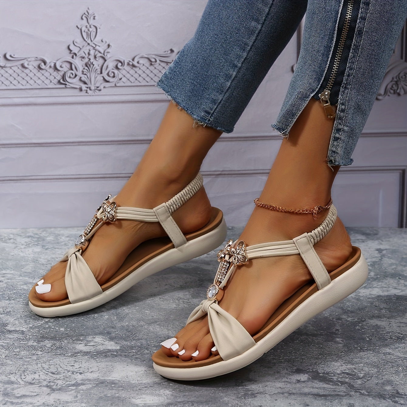 Women's Butterfly Flat Sandals Boho Style Open Toe Rhinestone Shoes