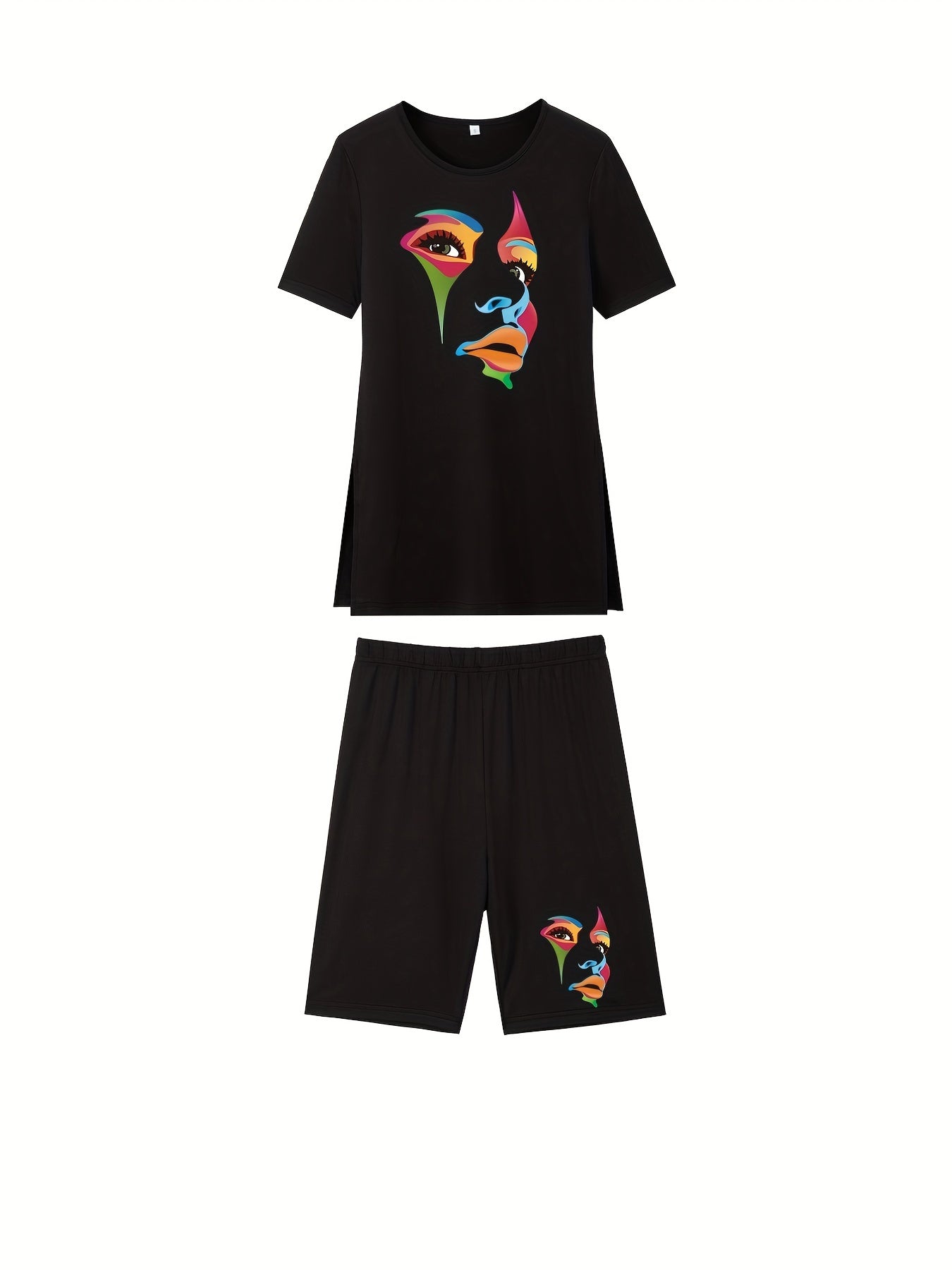 Character Print Casual Two Piece Set T shirt & Slim Shorts Women's Clothing