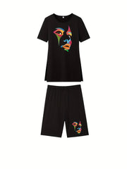 Character Print Casual Two Piece Set T shirt & Slim Shorts Women's Clothing