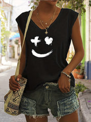 Smile Print V Neck Tank Top Women's Sleeveless Casual Summer Tank