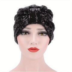 Sequin Bowknot Turban Cap Elastic Head Wrap Ramadan Head Scarf for Women