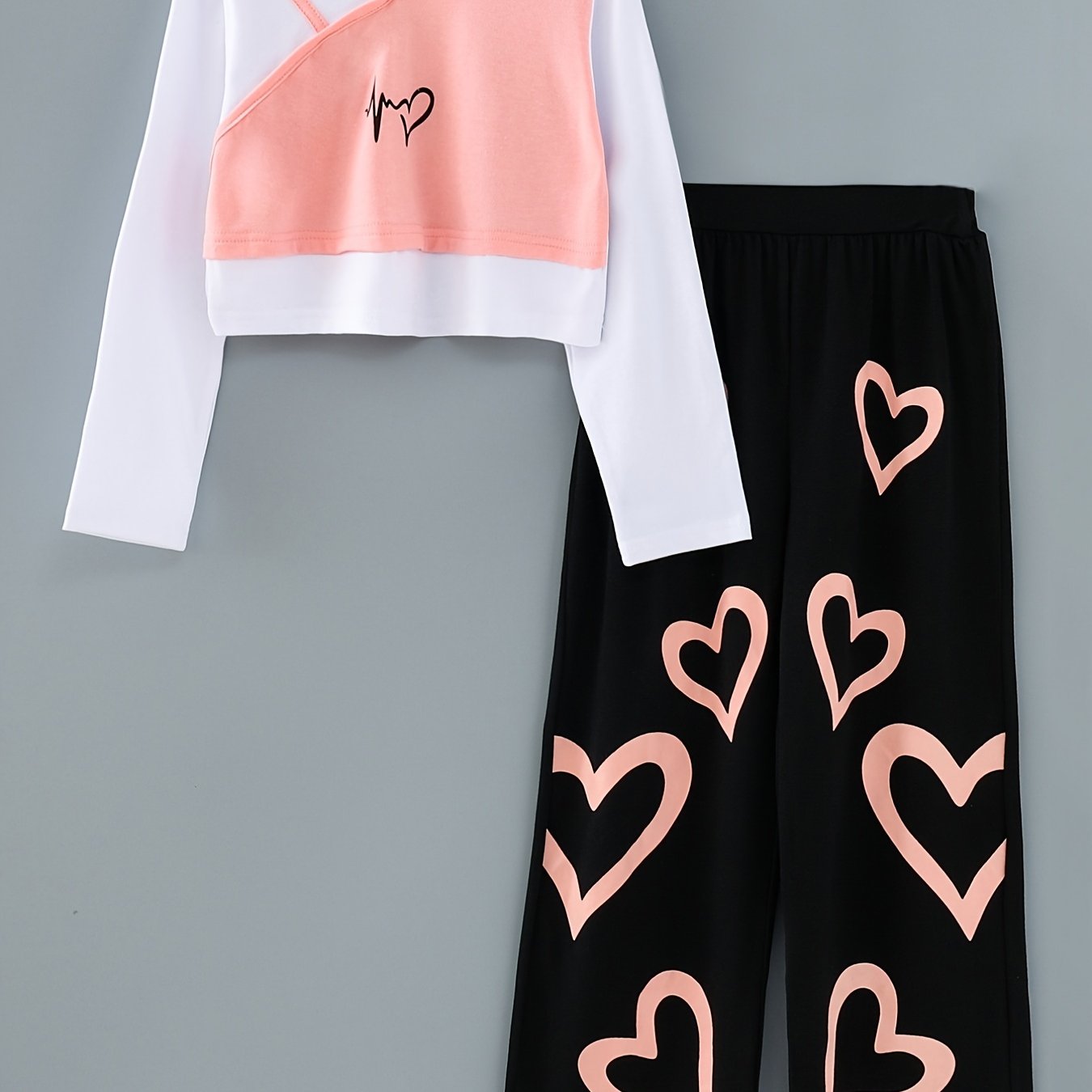 Girls Patchwork Top & Heart Print Pants Set