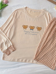 Bear & Plaid Pajama Set Long Sleeve Top & Pants