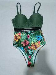 Plant Print Mesh Contrast Push Up Swimsuit High Strech One Piece Bathing Suit