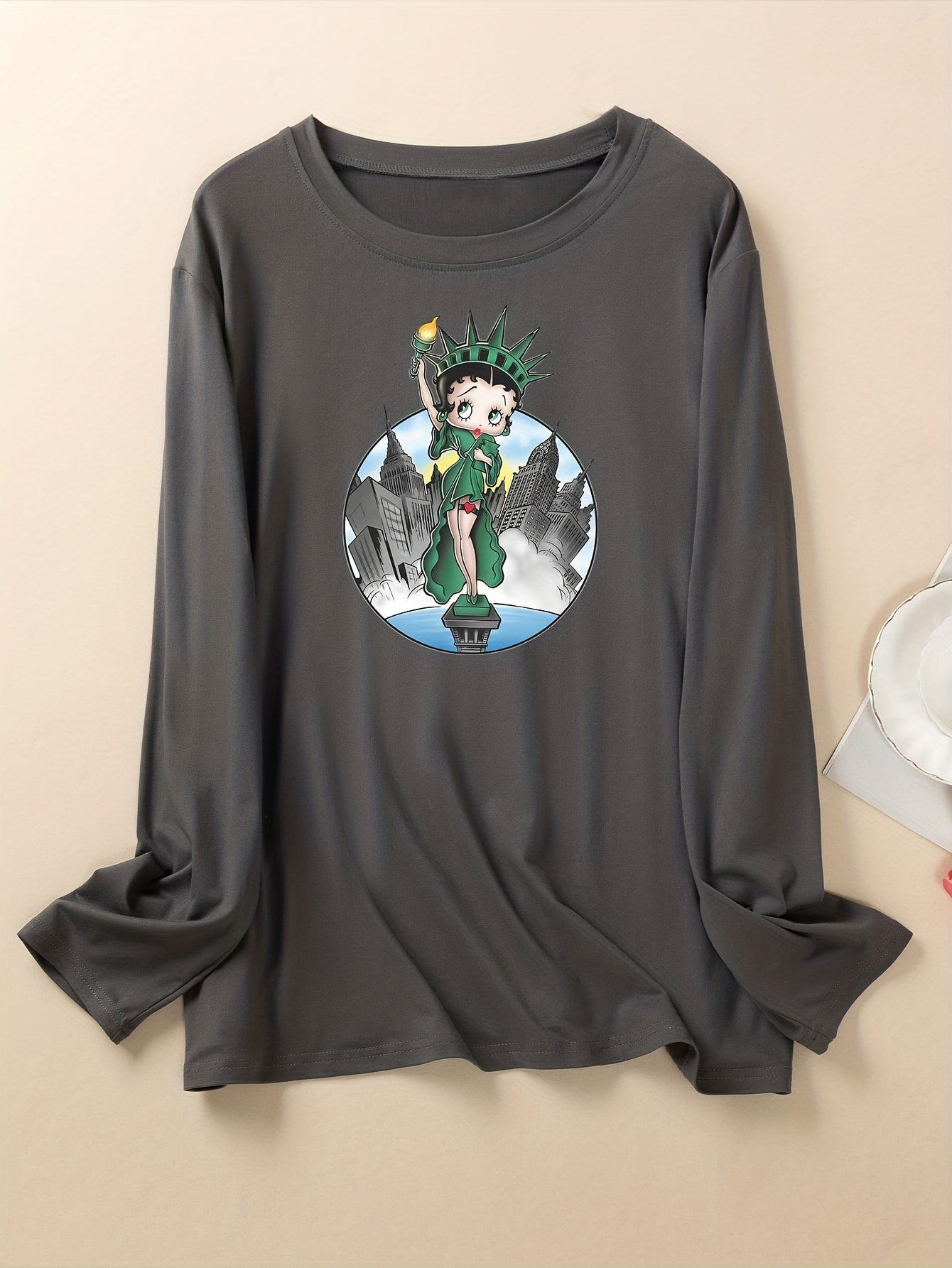 Cartoon Figure Print Long Sleeve Round Neck T-shirt