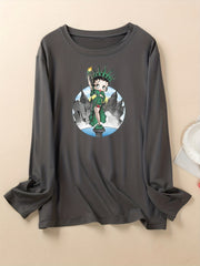 Cartoon Figure Print Long Sleeve Round Neck T-shirt
