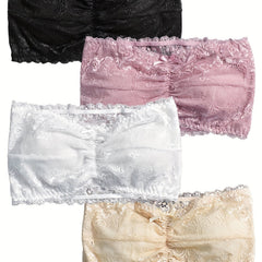 4 Pack Plus Size Floral Lace Ruched Wireless Bra Set