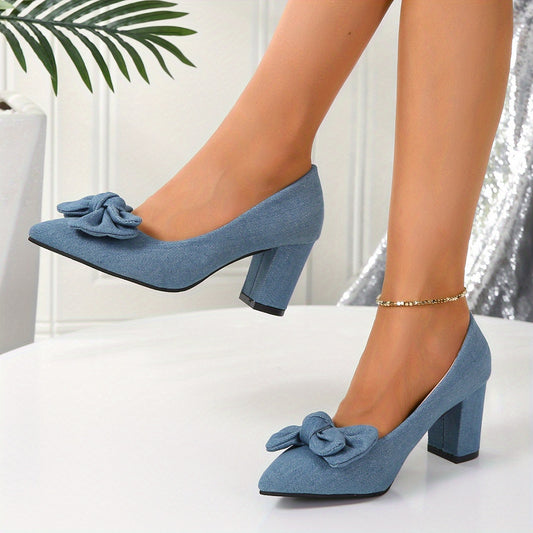 Women's Bowknot Denim Pumps Pointed Toe Slip On Mid Heels Dress Shoes