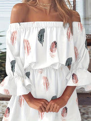 Feather Print Off Shoulder Ruffle Trim Lantern Sleeve Mini Dress