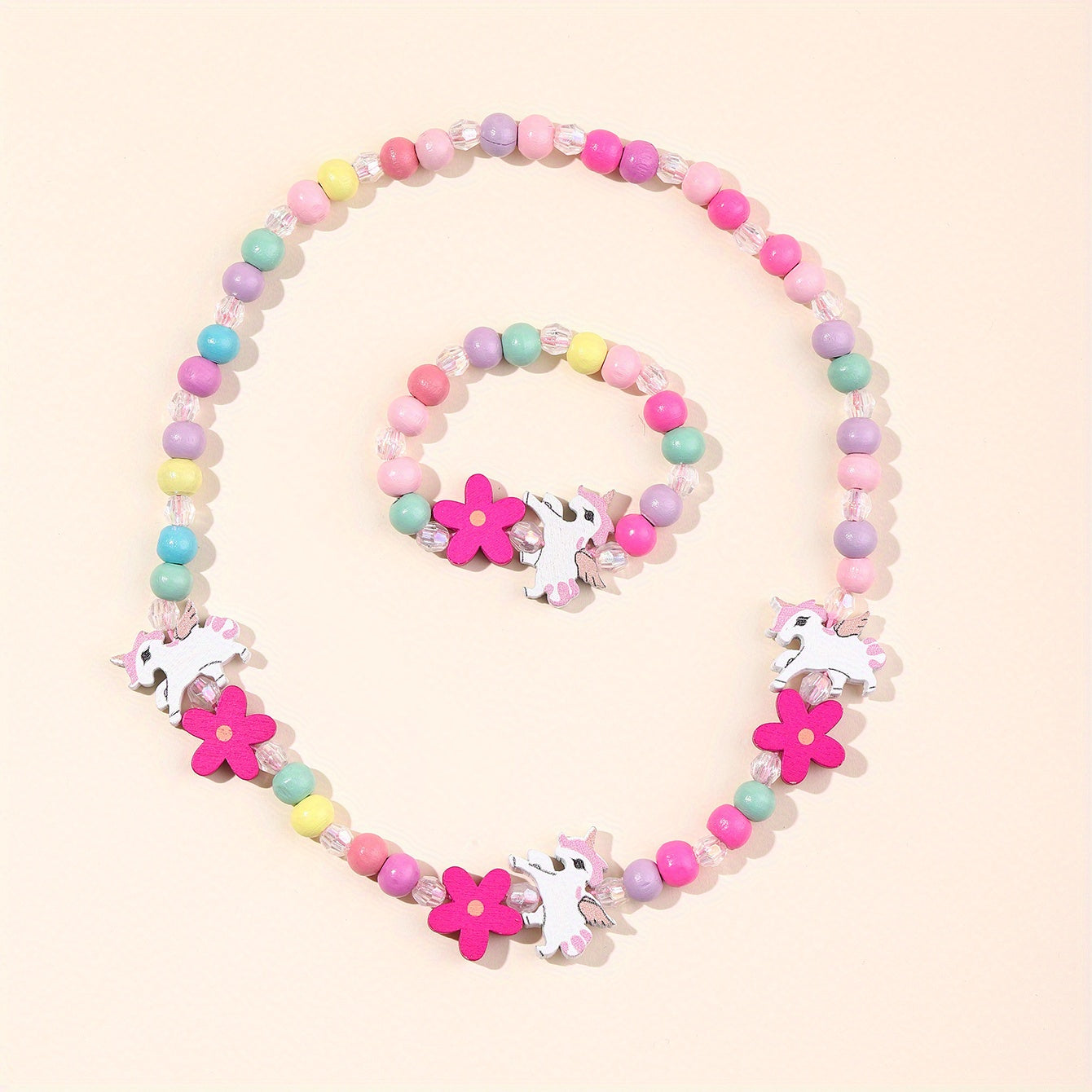 2pcs Unicorn Mermaid Beaded Bracelet Necklace Set for Girls