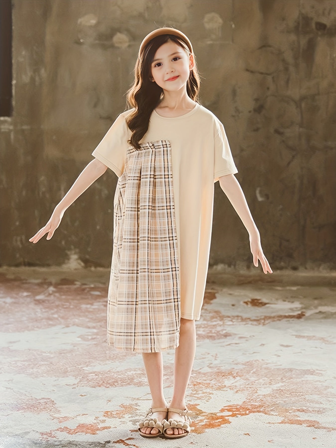 Girls' Plaid Patchwork Short Sleeve Casual Dress