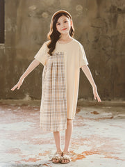 Girls' Plaid Patchwork Short Sleeve Casual Dress