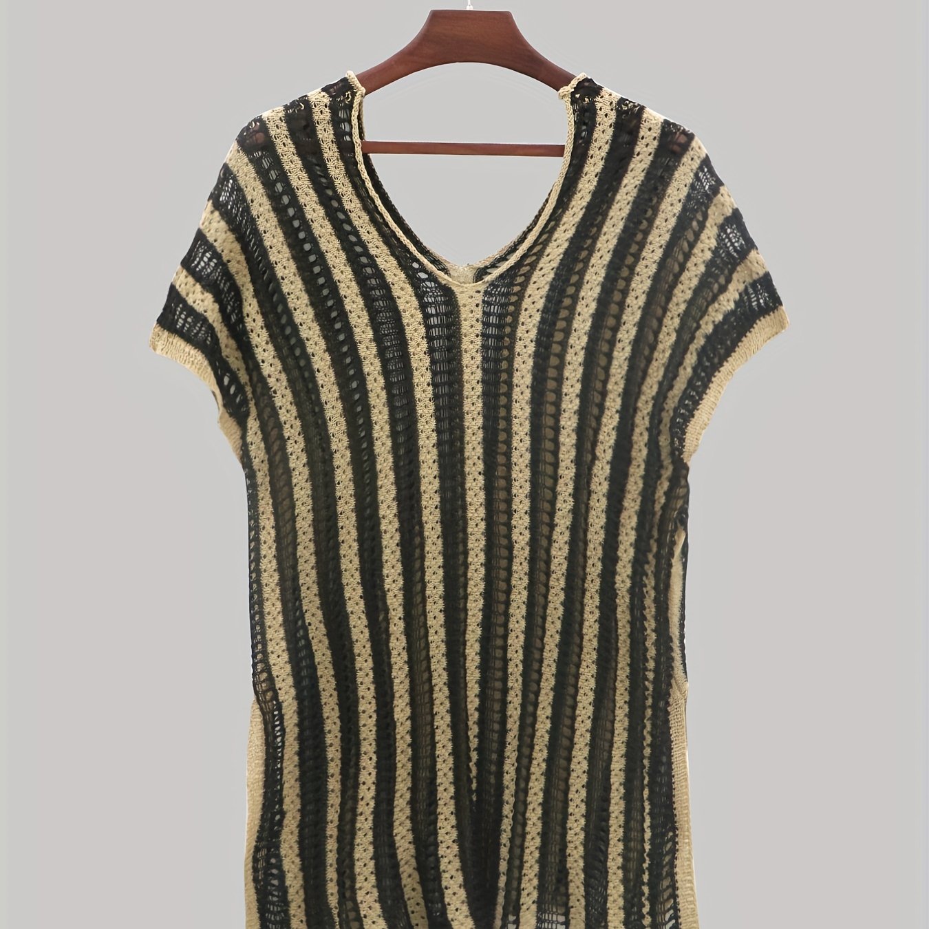 Contrast Sexy Cover Up Crochet Stripped Short Sleeve Plus Size Shirt