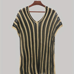 Contrast Sexy Cover Up Crochet Stripped Short Sleeve Plus Size Shirt