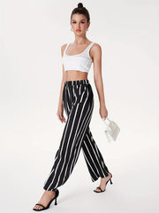 Stripe Print Wide Leg Pants Elastic Waist Casual Every Pants