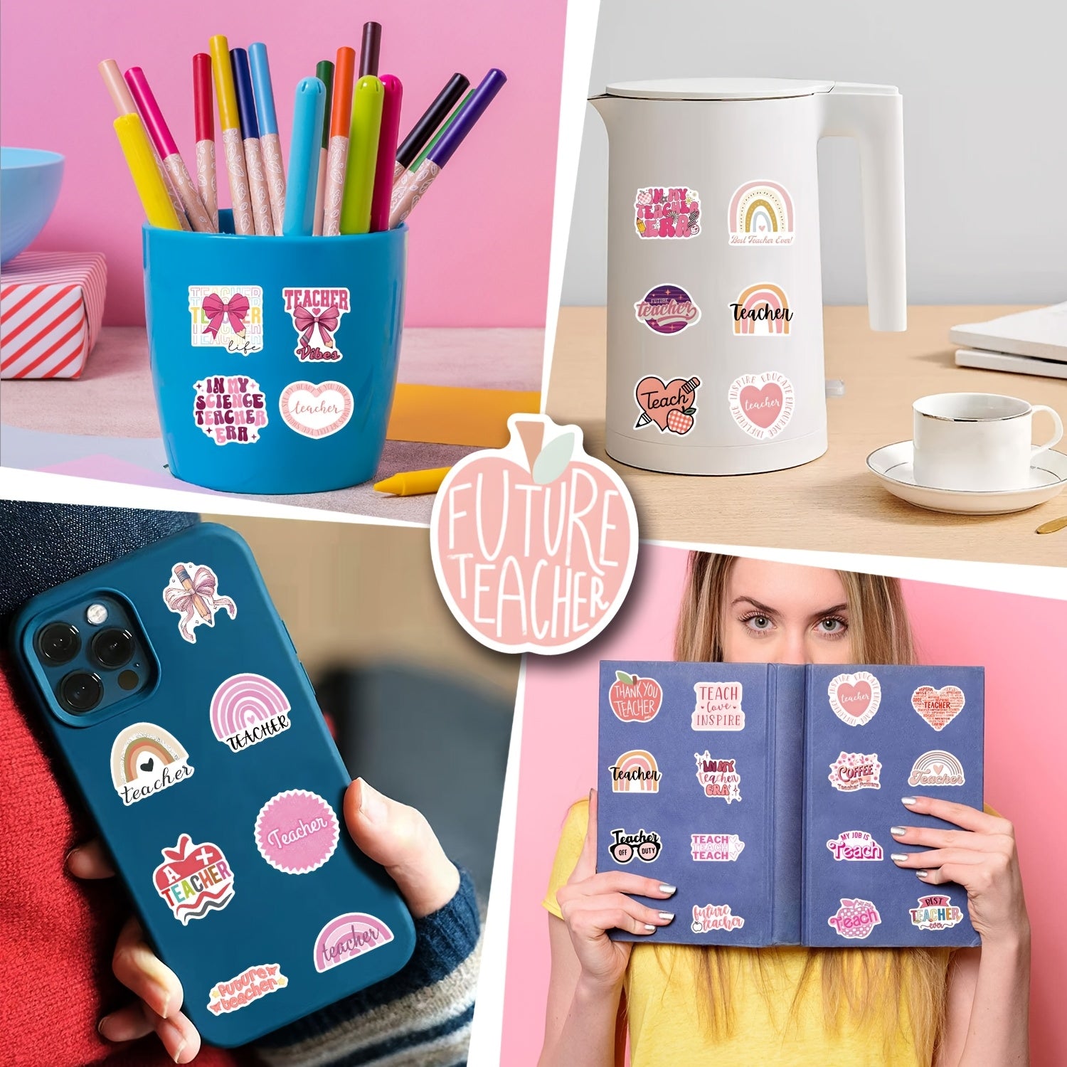 55pcs Pink Teacher Cartoon Stickers Set Vinyl Decals for Phones Laptops Water Bo