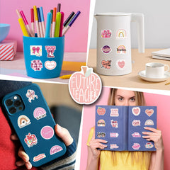 55pcs Pink Teacher Cartoon Stickers Set Vinyl Decals for Phones Laptops Water Bo