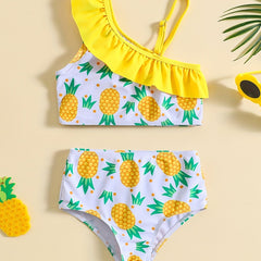 Girls One Shoulder Ruffled Top & Pineapple Graphic Shorts Swimsuit Set