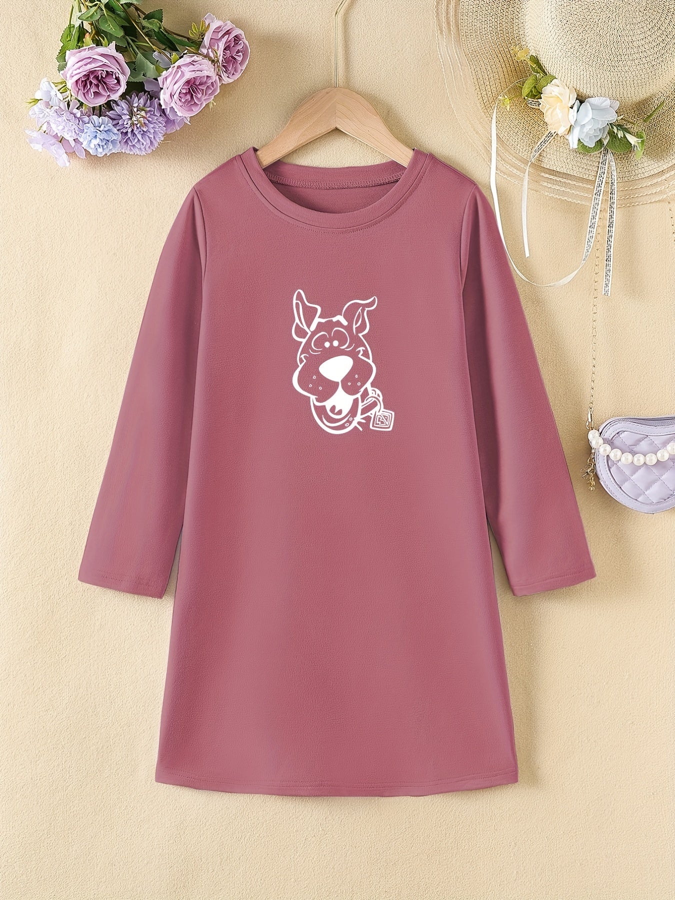Girls' Donkey Head Print Long Sleeve Casual Dress