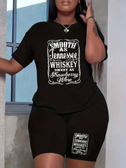 Women's Plus Size Letter Print Crew Neck Top & Shorts Set
