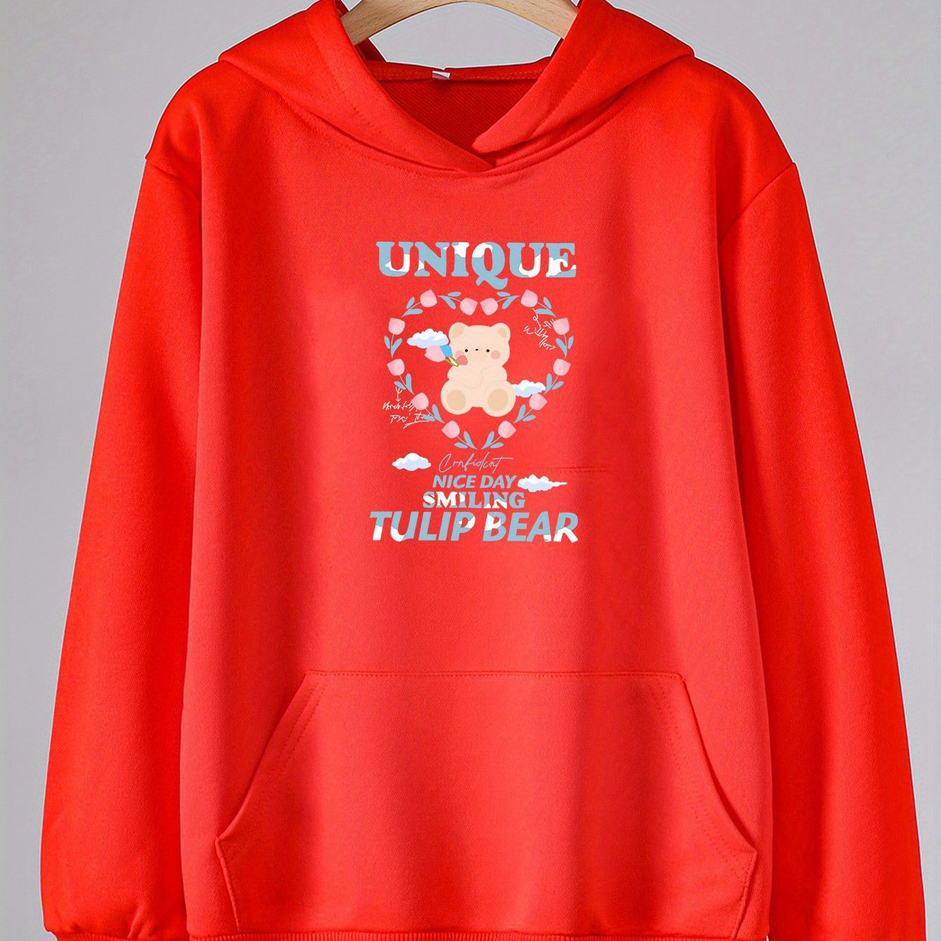 Sweet Bear Graphic Hoodie Girls Hooded Top with Pocket