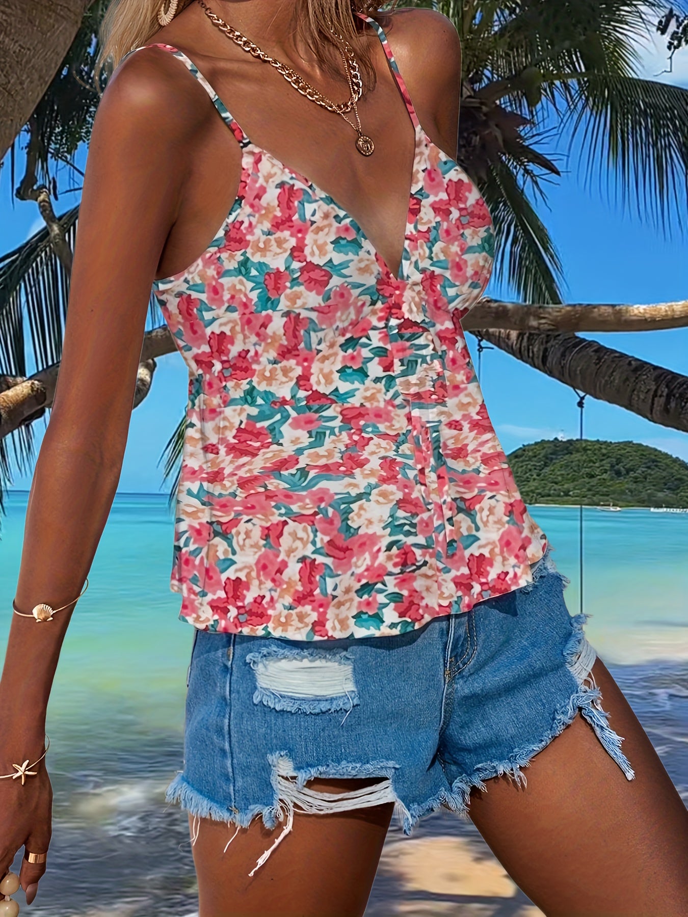 Floral Print V Neck Knot Cami Top