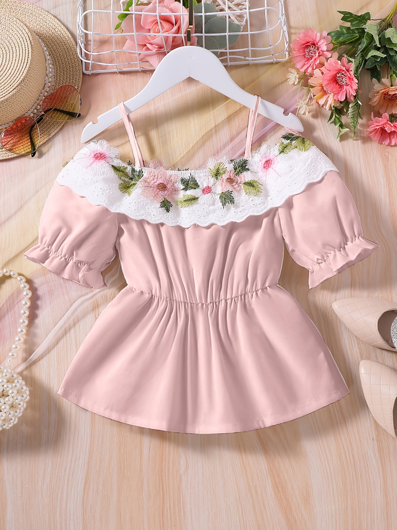 Girls Off Shoulder Flower Embroidery Tunic Shirt