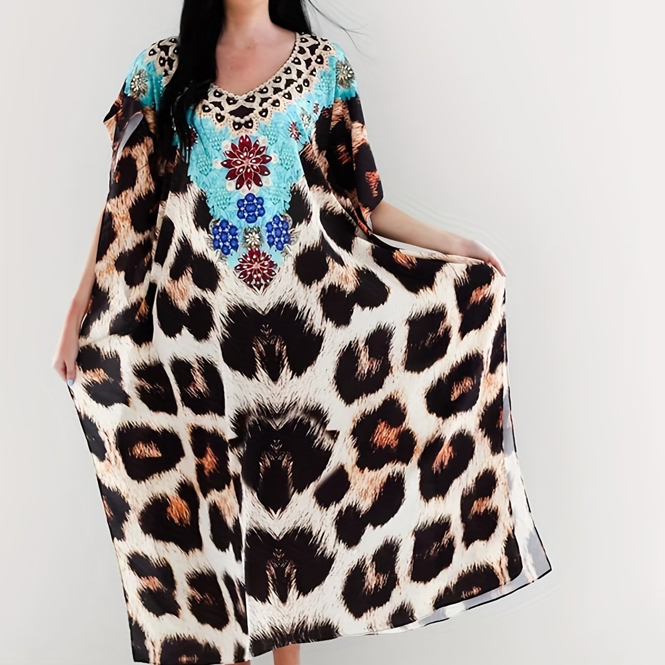 Leopard Print Bat Sleeve Split Cover Up Dress