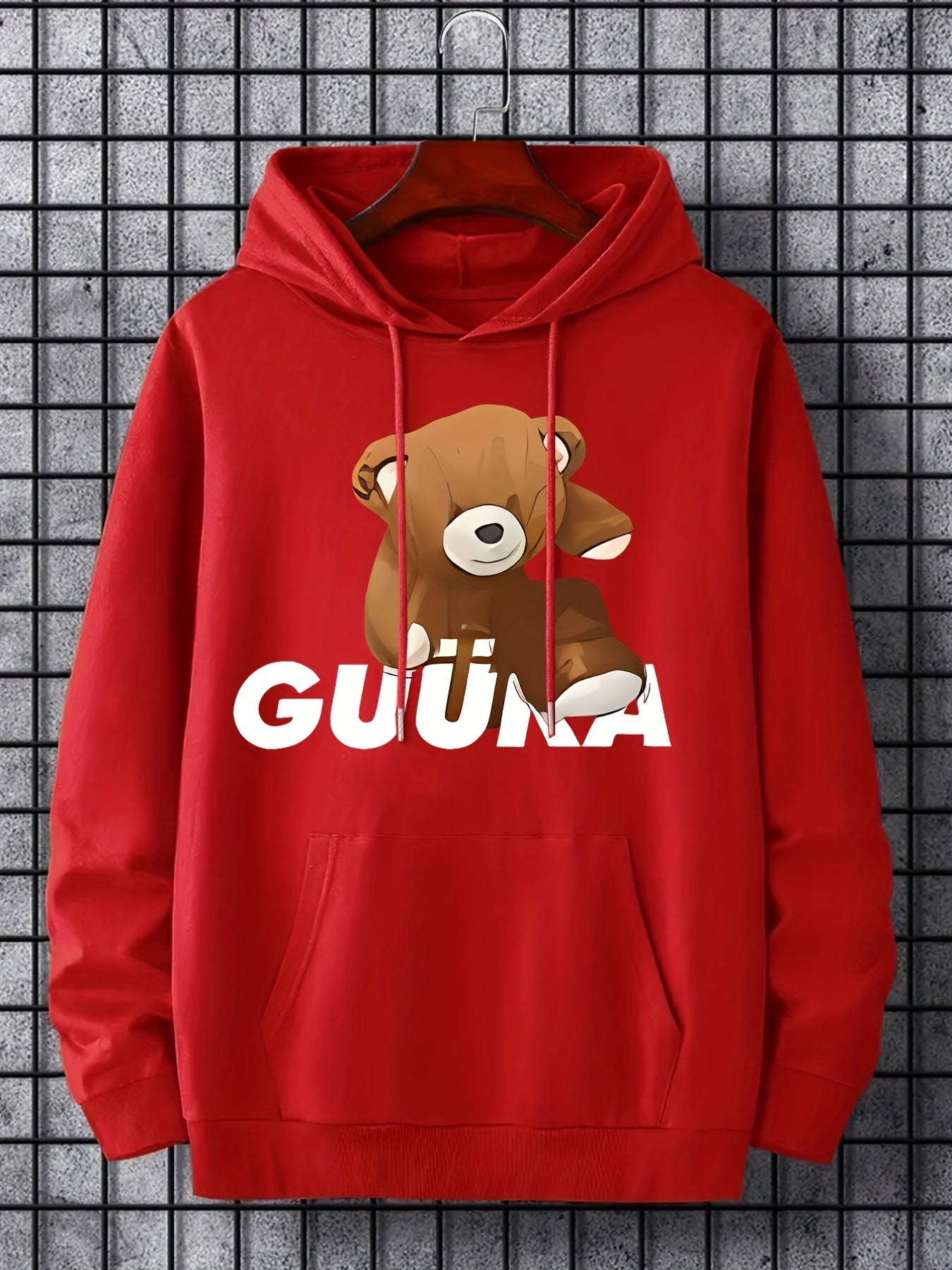 Teddy Bear Print Hoodie Men's Casual Graphic Pullover Hoodie