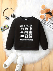 Kid's Cartoon Gamepad Sweatshirt with Important Choices Print