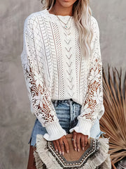 Solid Crew Neck Lace Pullover Sweater for Women