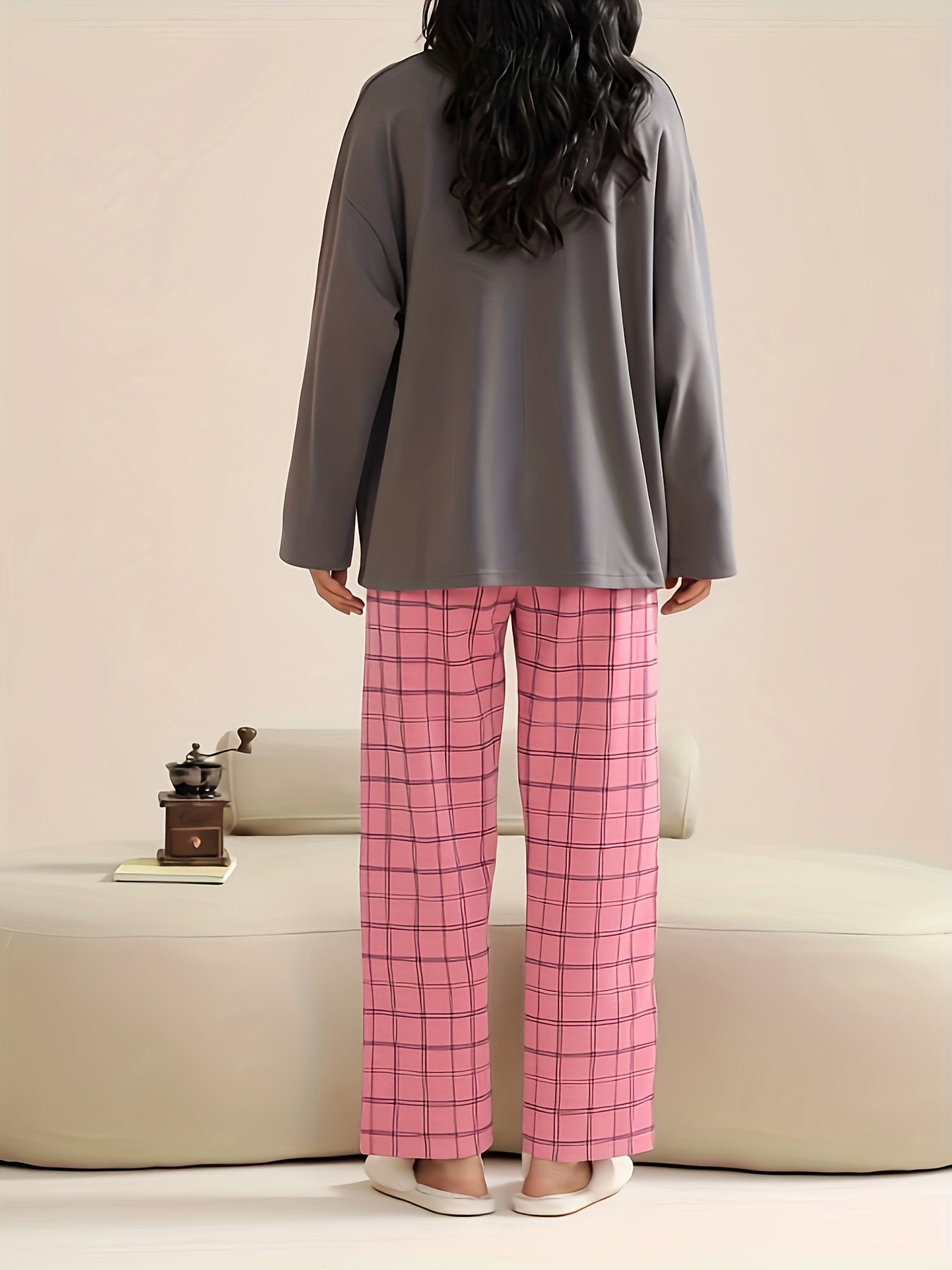Bear Print Pajama Set Long Sleeve Crew Neck Top & Plaid Pants