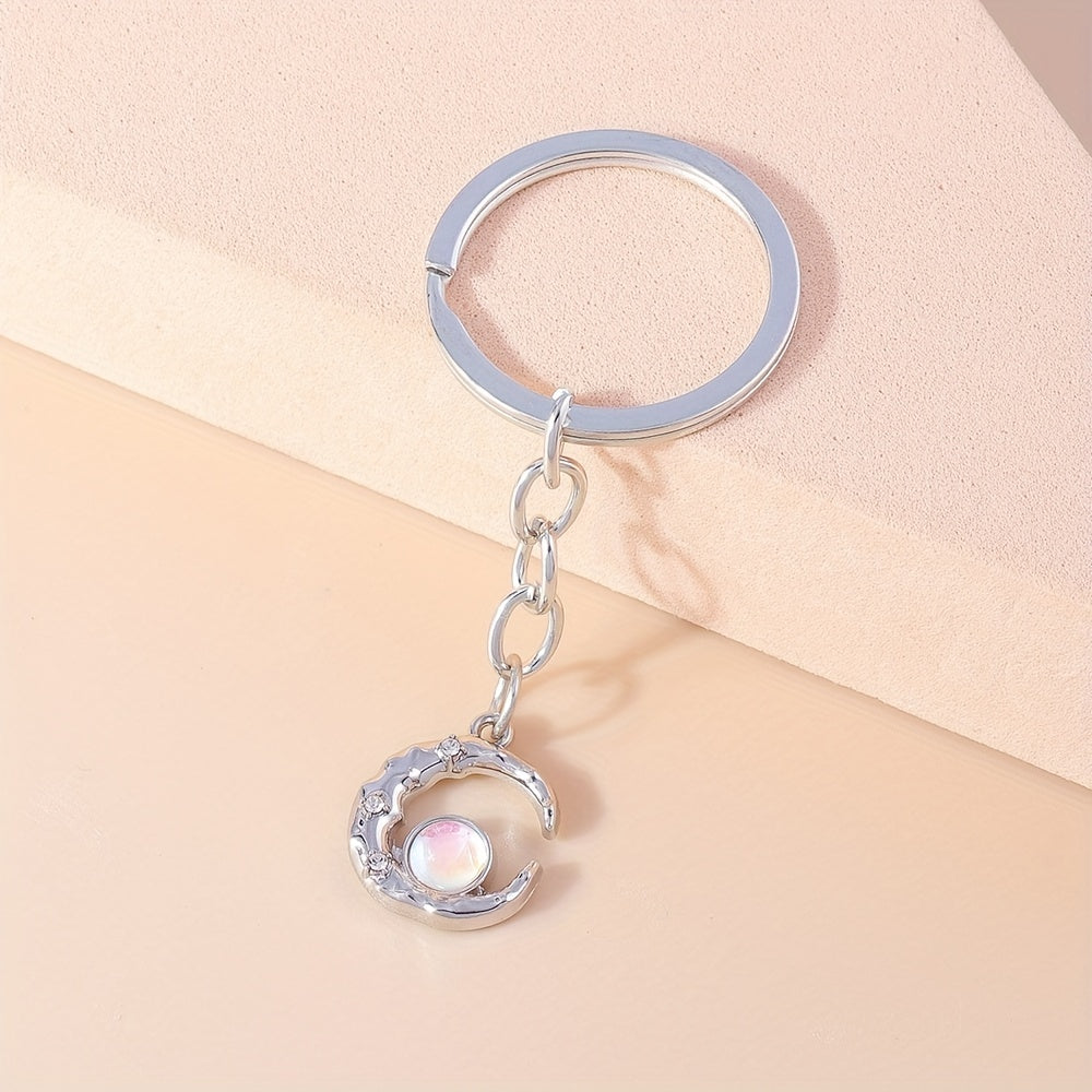 Moon & Star Keychain Faux Pearl Rhinestone Pendant Bag Accessory