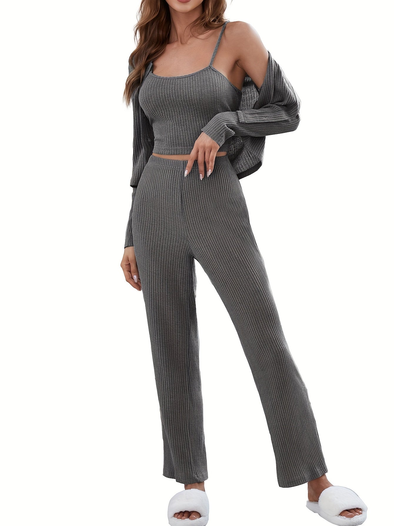 Ribbed 3pc Set Button Cardigan & Cami Top & Pants Outfit
