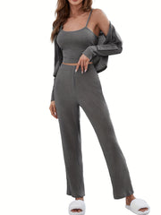 Ribbed 3pc Set Button Cardigan & Cami Top & Pants Outfit
