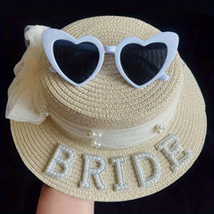 Beige Brown Bride Straw Hat and Heart-Shaped Frame Glasses Set