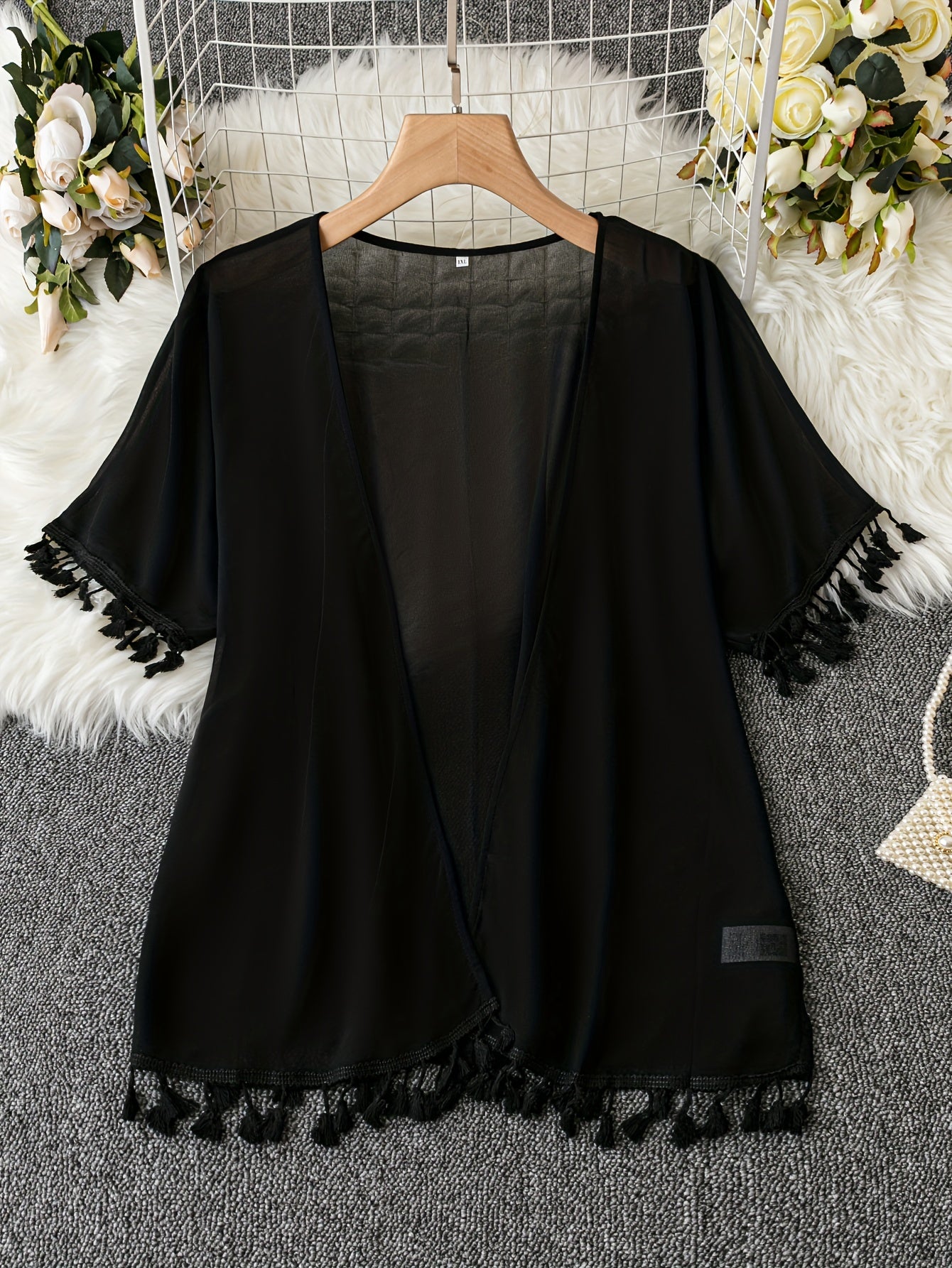 Casual Kimono Solid Short Sleeve Open Front Tassel Trim L