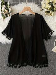 Casual Kimono Solid Short Sleeve Open Front Tassel Trim L