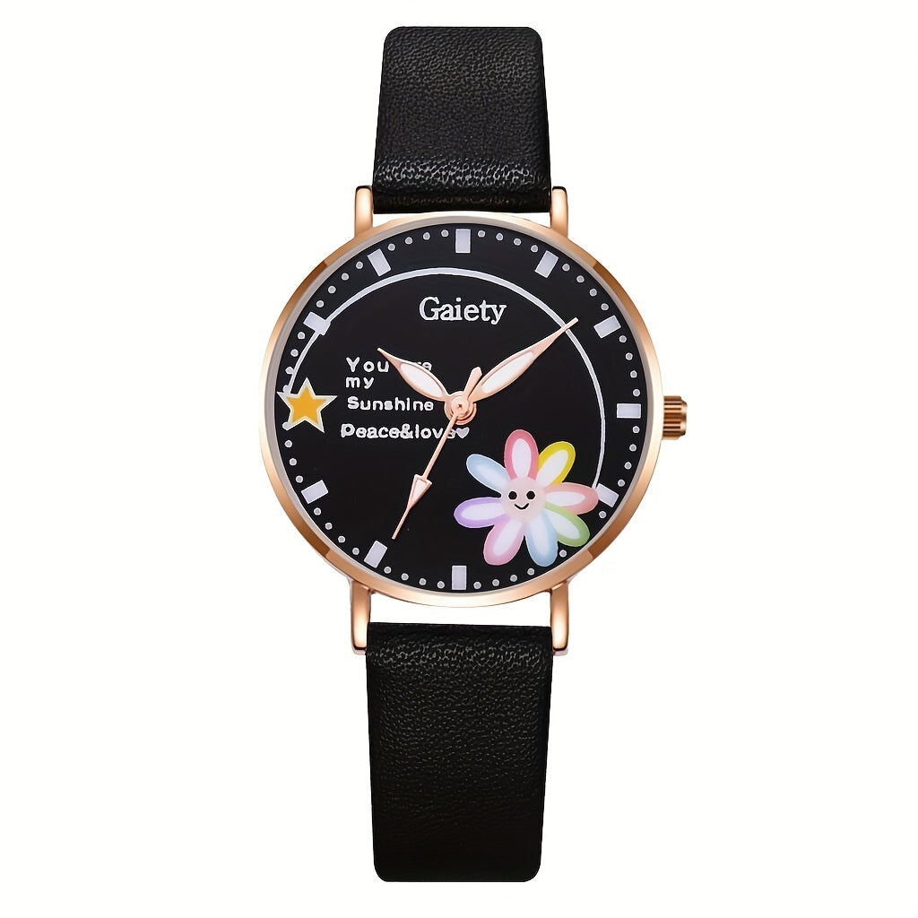 Flower Smile Face Cartoon Girls Quartz Watch Leather Daughter Gift