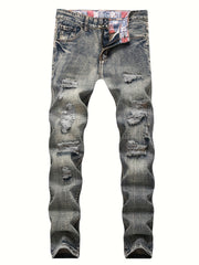 Vintage Slim Fit Ripped Jeans Mens Street Style Distressed Denim Pants
