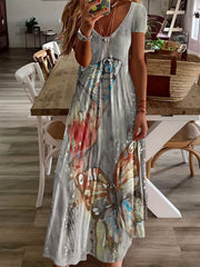 Butterfly Print V Neck Dress Short Sleeve Casual Dress for Spring & Summer