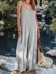 Solid Ribbed V Neck Wide Leg Cami Jumpsuit