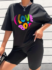 2pcs Letter Graphic T shirts & Solid Shorts Women's Activewear