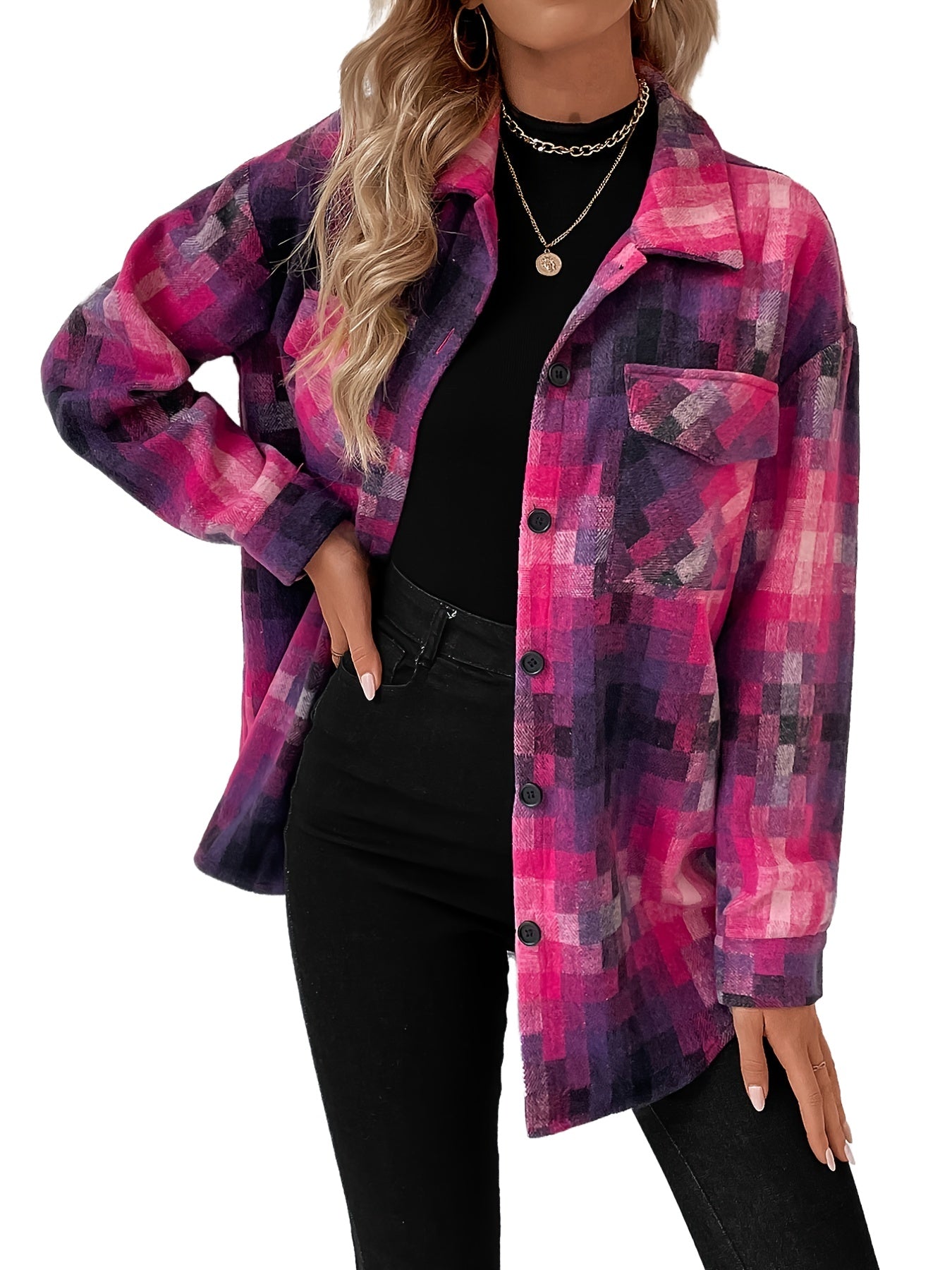Grid Print Lapel Long Sleeve Coat Outerwear